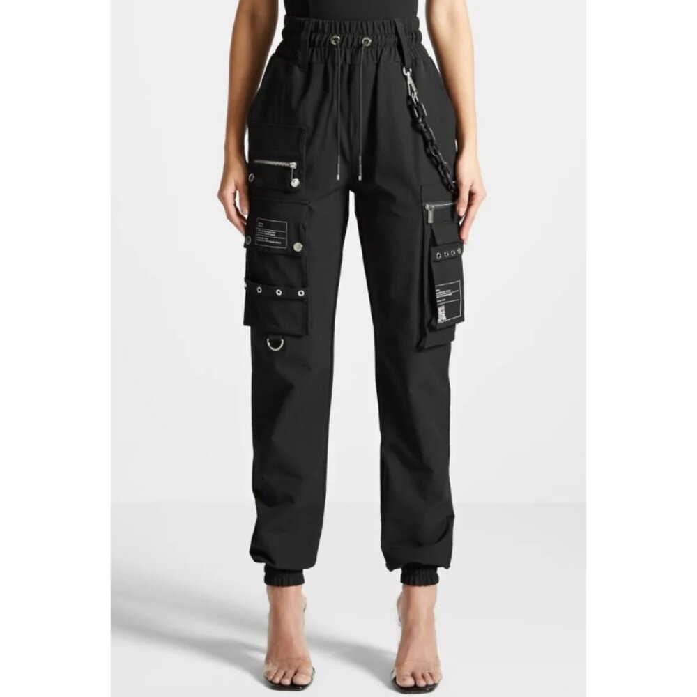Maniere De Voir Cargo Pants Marble Matte Chain Black High-Rise Waist Edgy Gothic - Picture 4 of 10